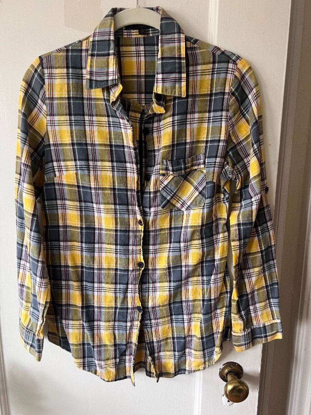 Lucca Couture Yellow & Gray Plaid Button Down Shirt